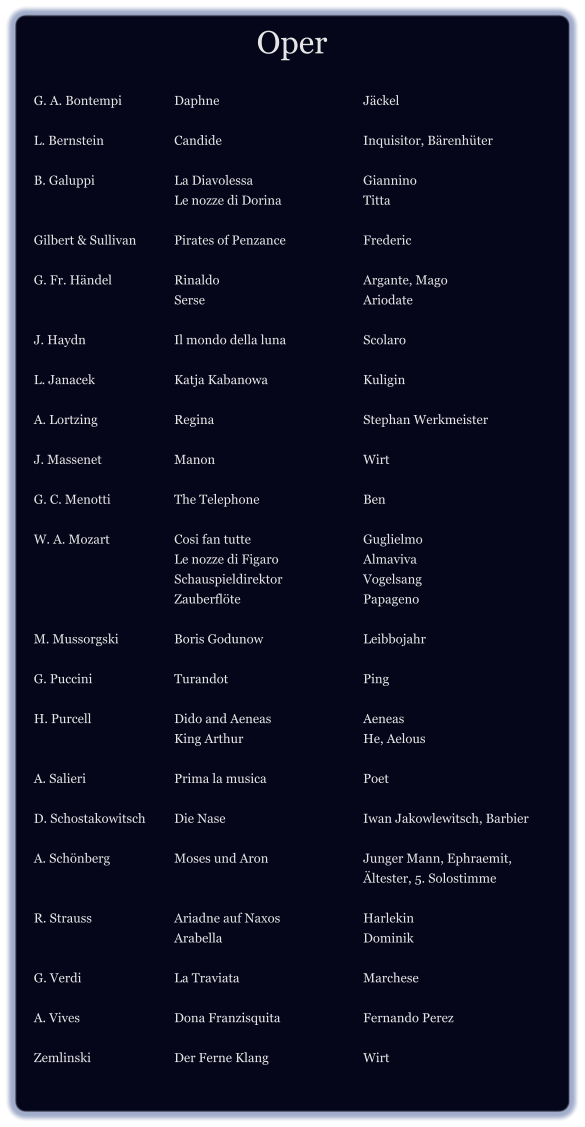 Oper  G. A. Bontempi 		Daphne 				Jäckel  L. Bernstein		Candide				Inquisitor, Bärenhüter  B. Galuppi 			La Diavolessa			Giannino 					Le nozze di Dorina			Titta  Gilbert & Sullivan 	Pirates of Penzance			Frederic  G. Fr. Händel   		Rinaldo				Argante, Mago 			Serse					Ariodate  J. Haydn 			Il mondo della luna 		Scolaro  L. Janacek 			Katja Kabanowa 			Kuligin  A. Lortzing			Regina				Stephan Werkmeister  J. Massenet 		Manon 				Wirt  G. C. Menotti  		The Telephone   			Ben  W. A. Mozart		Cosi fan tutte 			Guglielmo 					Le nozze di Figaro 			Almaviva 					Schauspieldirektor 			Vogelsang 					Zauberflöte				Papageno  M. Mussorgski 		Boris Godunow 			Leibbojahr  G. Puccini 			Turandot      				Ping  H. Purcell  			Dido and Aeneas			Aeneas 					King Arthur				He, Aelous     A. Salieri 			Prima la musica 			Poet  D. Schostakowitsch 	Die Nase 				Iwan Jakowlewitsch, Barbier  A. Schönberg 		Moses und Aron 			Junger Mann, Ephraemit, 										Ältester, 5. Solostimme  R. Strauss 			Ariadne auf Naxos			Harlekin 					Arabella				Dominik  G. Verdi 			La Traviata 				Marchese 	 A. Vives 			Dona Franzisquita  			Fernando Perez  Zemlinski 			Der Ferne Klang 			Wirt